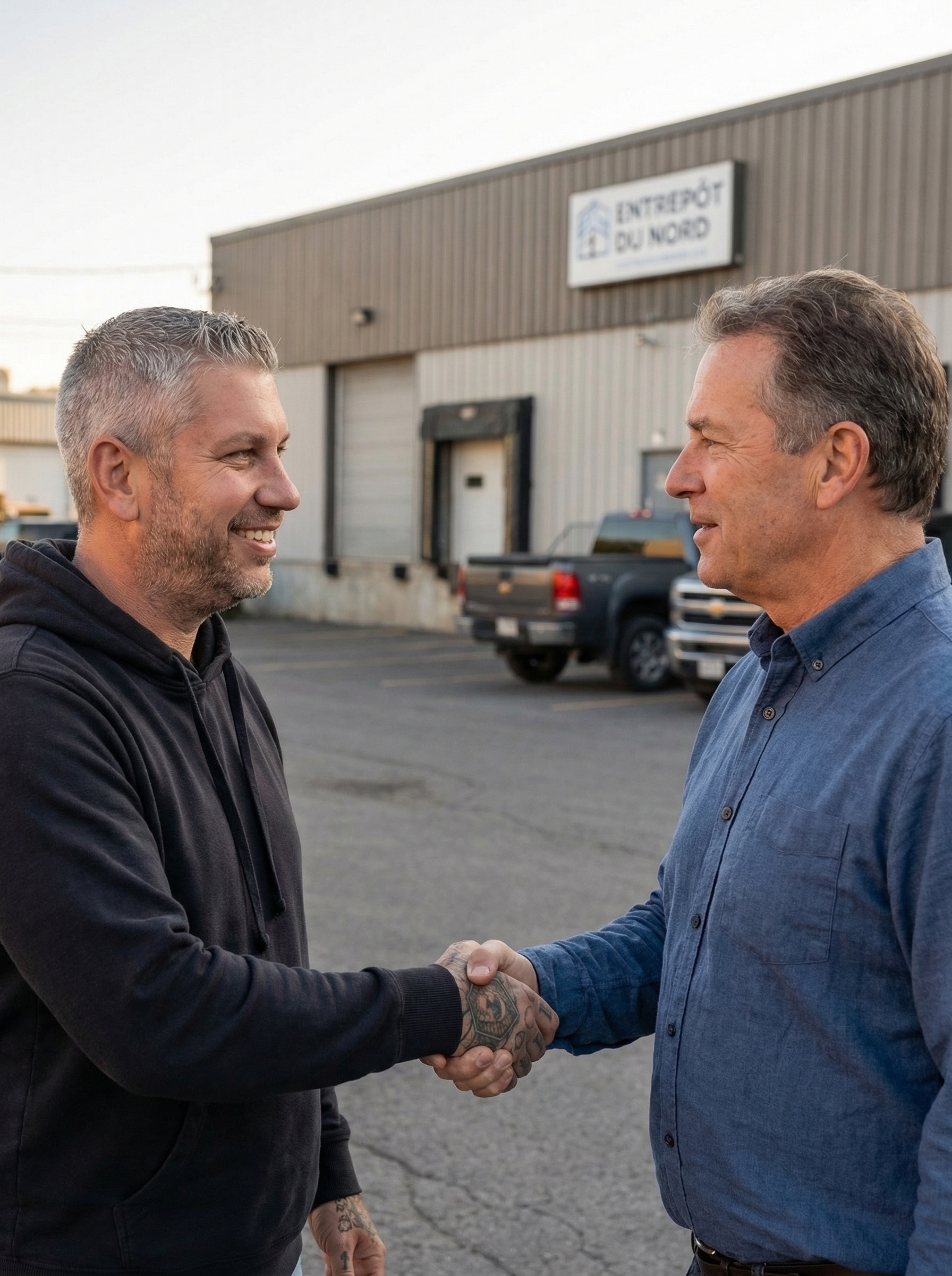 Poignée de main devant une entreprise